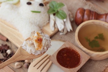 Rice steamed with chicken and soup delicious.
