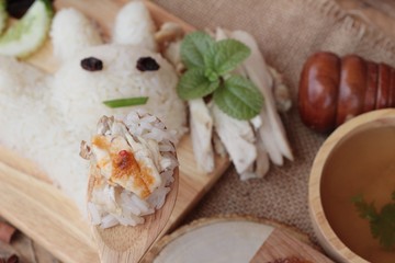 Rice steamed with chicken and soup delicious.