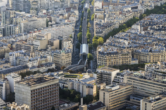 Aerial view of line 6 of Parisian metro, seen form the Montparnase tower
