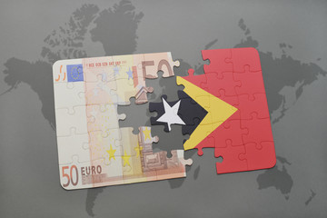 puzzle with the national flag of east timor and euro banknote on a world map background.