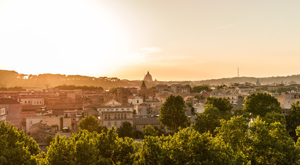panoramic sunset cityscape on Rome. Colorful urban view
