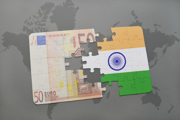 puzzle with the national flag of india and euro banknote on a world map background.