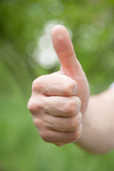 Male hand showing a thumb up sign, natural green background