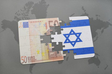 puzzle with the national flag of israel and euro banknote on a world map background.