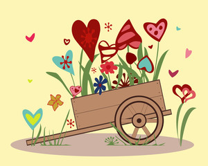 Flower arrangement of colorful hearts in a handcar