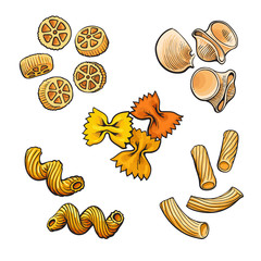 Big collection of italian pasta sketch style vector illustration isolated on white background. Set of shells bow spiral penne fusilli tagliatelle pasta. Different types of italian noodles