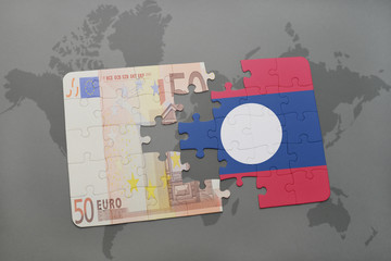puzzle with the national flag of laos and euro banknote on a world map background.