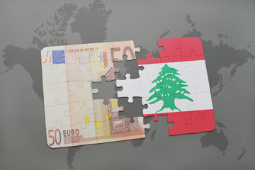 puzzle with the national flag of lebanon and euro banknote on a world map background.
