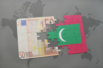 puzzle with the national flag of maldives and euro banknote on a world map background.