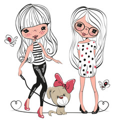 Two cute girls and a dog