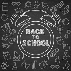 Back to school vector sketch lettering and hand drawn watercolor alarm clock. Black board background with outline education icons. Design for poster, banner, school or education theme.
