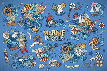 Marine nautical hand drawn vector symbols and objects