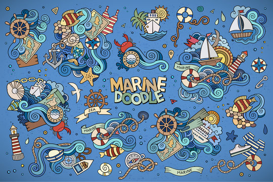 Marine nautical hand drawn vector symbols and objects