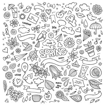 Nature spring hand drawn vector symbols and objects