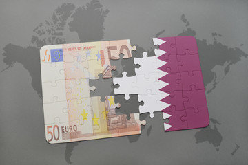 puzzle with the national flag of qatar and euro banknote on a world map background.