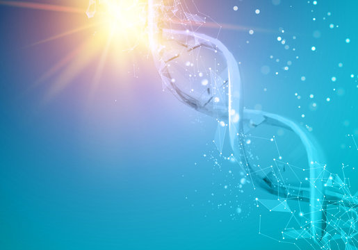 Scince illustration of a DNA molecule. Blue background with DNA. DNA molecules of poligons.
