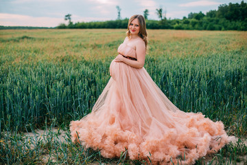 Young happy pregnant woman in peach color cloud dress relaxing and enjoying life in nature. Outdoors on the nature. Pretty pregnant woman holding her tummy. Cloudy dress. Blues sky. Wheat green field.