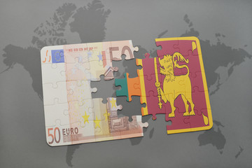 puzzle with the national flag of sri lanka and euro banknote on a world map background.
