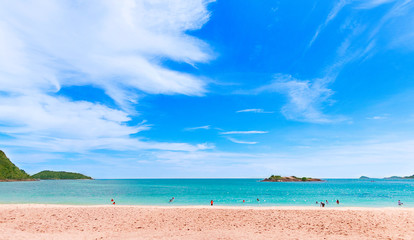 Tropical sand beach. Island beach with blue sea water.