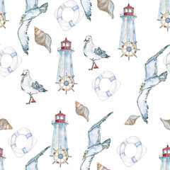 Background travel. Pattern seamless. The lighthouse and the sea. Hand-painted watercolor - 116335151