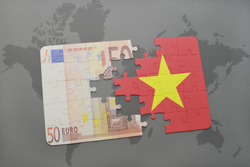 puzzle with the national flag of vietnam and euro banknote on a world map background.