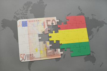 puzzle with the national flag of bolivia and euro banknote on a world map background.