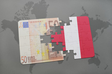puzzle with the national flag of peru and euro banknote on a world map background.
