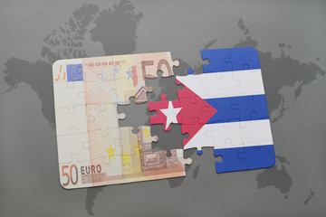 puzzle with the national flag of cuba and euro banknote on a world map background.
