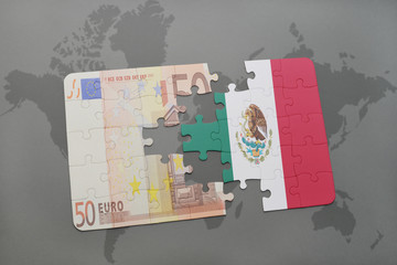 puzzle with the national flag of mexico and euro banknote on a world map background.