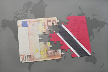 puzzle with the national flag of trinidad and tobago and euro banknote on a world map background.