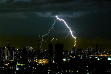 Thunder storm lighting bolt on the horizontal sky and city scape