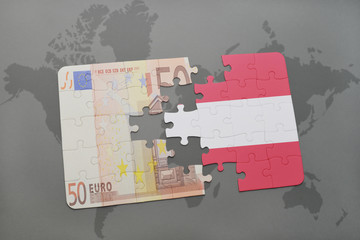 puzzle with the national flag of austria and euro banknote on a world map background.