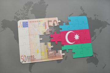 puzzle with the national flag of azerbaijan and euro banknote on a world map background.