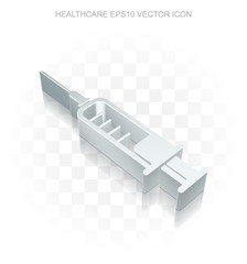 Healthcare icon: Flat metallic 3d Syringe, transparent shadow, EPS 10 vector.