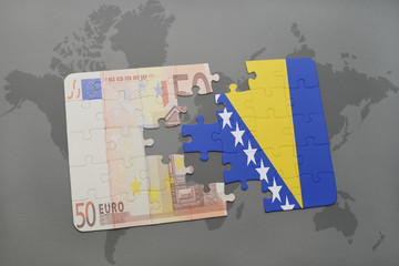 puzzle with the national flag of bosnia and herzegovina and euro banknote on a world map background.