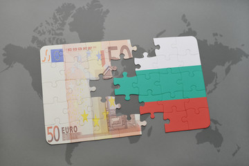 puzzle with the national flag of bulgaria and euro banknote on a world map background.