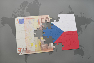 puzzle with the national flag of czech republic and euro banknote on a world map background.