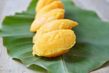 toddy palm cake Thai dessert on fresh banana leaf