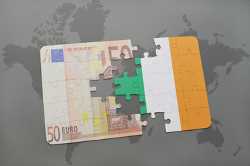 puzzle with the national flag of ireland and euro banknote on a world map background.