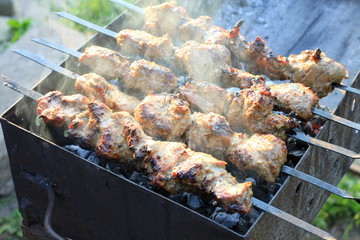 Grilling shashlik on barbecue grill. Pork barbeque.