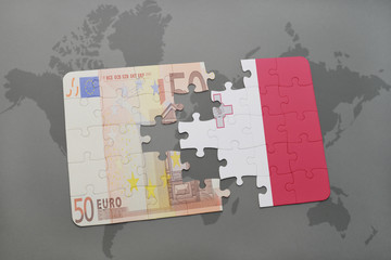 puzzle with the national flag of malta and euro banknote on a world map background.