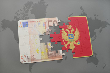 puzzle with the national flag of montenegro and euro banknote on a world map background.