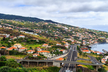 Coastline Madeira with Highway along Santa Cruz and a view at the airport, Madeira, Portugal
