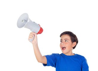 Funny boy shouting through a megaphone