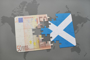 puzzle with the national flag of scotland and euro banknote on a world map background.