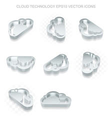 Cloud technology icons set: different views of metallic Cloud, transparent shadow, EPS 10 vector.