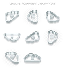 Cloud networking icons set: different views of metallic Cloud With Padlock, transparent shadow, EPS 10 vector.