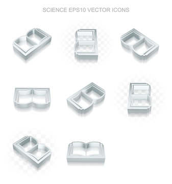 Science icons set: different views of metallic Book, transparent shadow, EPS 10 vector.