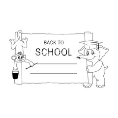 Back to School Hand Draw Illustration. Monkey and Elephant with Parchment Paper. Black and White Line Art Design.