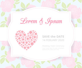 Fototapeta na wymiar Pink wedding card template label on rose shape pattern background, vintage design frame border
